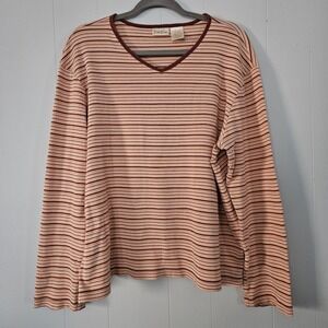 Cotton Striped Long Sleeve Shirt Ribbed V-Neck Top Womens XL Brown Orange